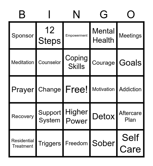 Recovery Bingo Card