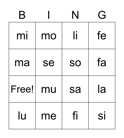syllabes simples Bingo Card