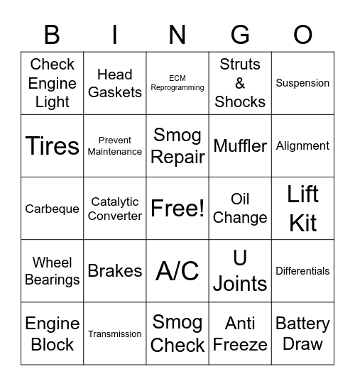 Econo Lube N' Tune & Brakes Bingo Card