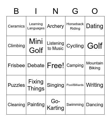 Leisure Bingo Card