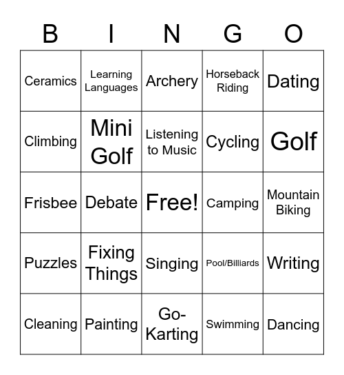 Leisure Bingo Card