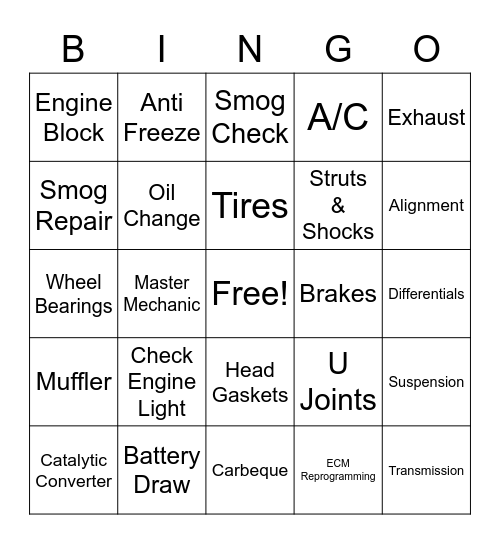 Econo Lube N' Tune & Brakes Bingo Card