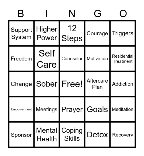 Recovery Bingo Card