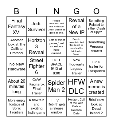 State of Play 9/13/22 Bingo Card