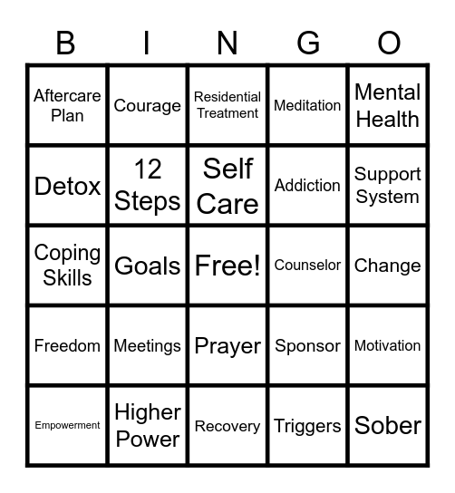 Recovery Bingo Card