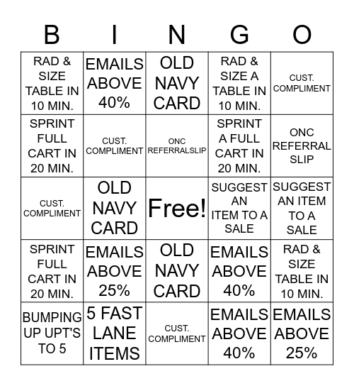 OLD NAVY BINGO Card