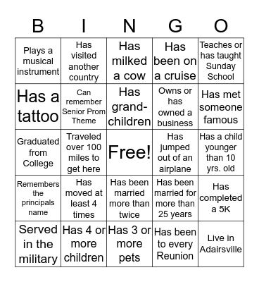 AHS Class of 1985 Bingo Card