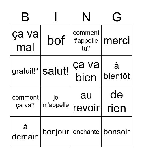 French Greetings Bingo Card