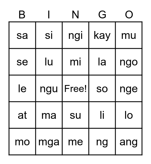 Pantig Bingo Card