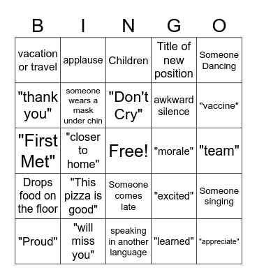 Graham's Farewell Bingo Card