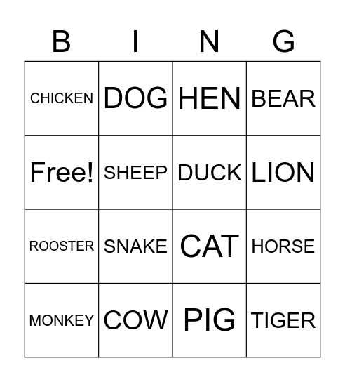 ANIMALS Bingo Card