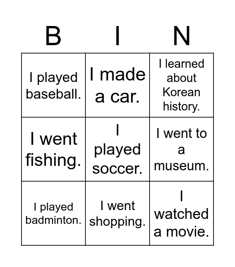 I Went to the Museum Bingo Card