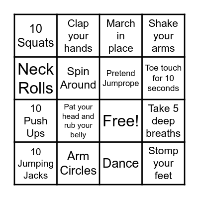 Physical Activity Bingo Card