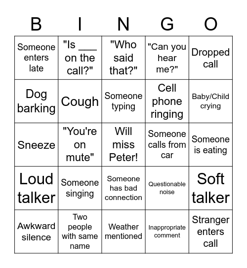 Peter's Virtual Farewell Party Bingo Card