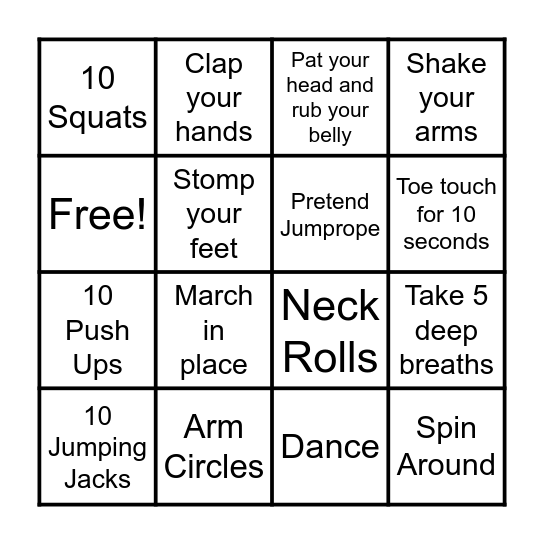 Physical Activity Bingo Card