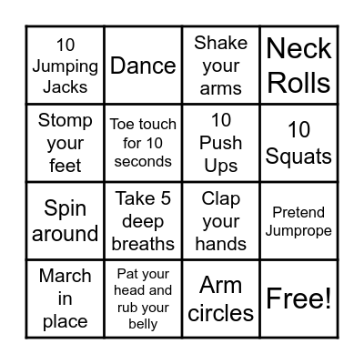 Physical Activity Bingo Card