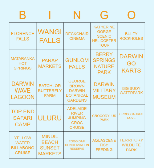 THINGS TO DO IN THE NT Bingo Card