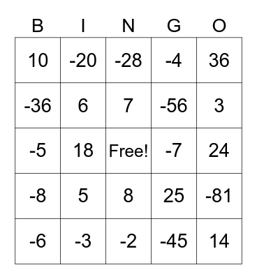 Integer Multiplication and Division Bingo Card