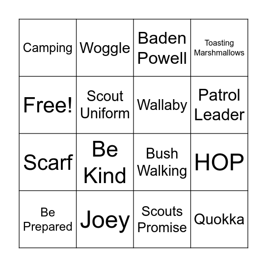 Adventure Joey Scouts Bingo Card