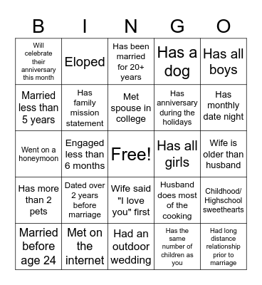 "Art of Marriage" Bingo Card