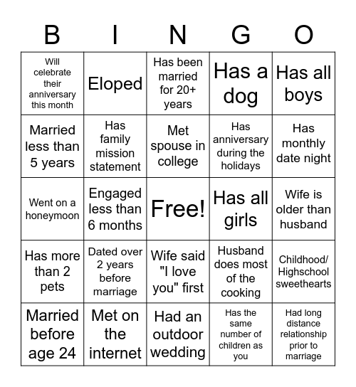 "Art of Marriage" Bingo Card