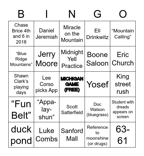 App State Game Day Bingo Card