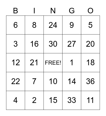 Multiplication Bingo Card