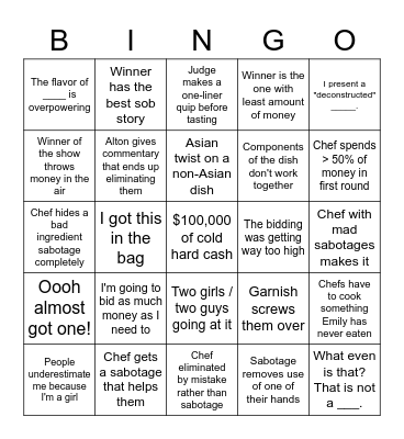 Cutthroat Kitchen Bingo Card