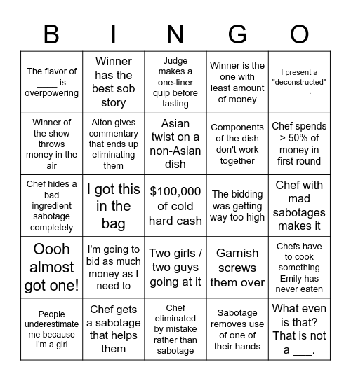 Cutthroat Kitchen Bingo Card