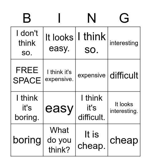 Lesson 9 - What do you think? Bingo Card