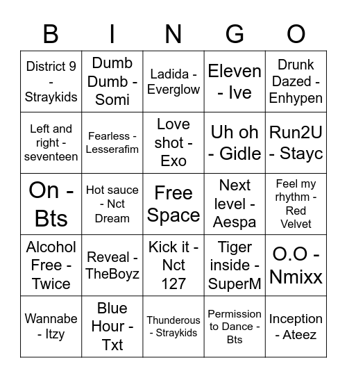 Kpop Song Bingo Card