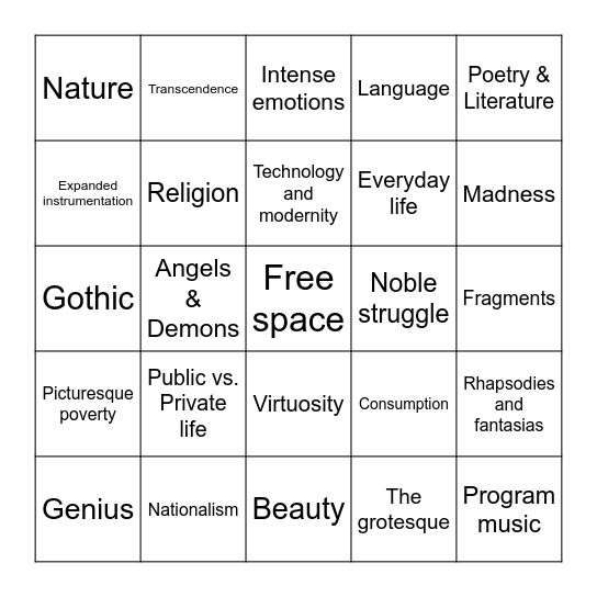 Romanticism Bingo! Bingo Card