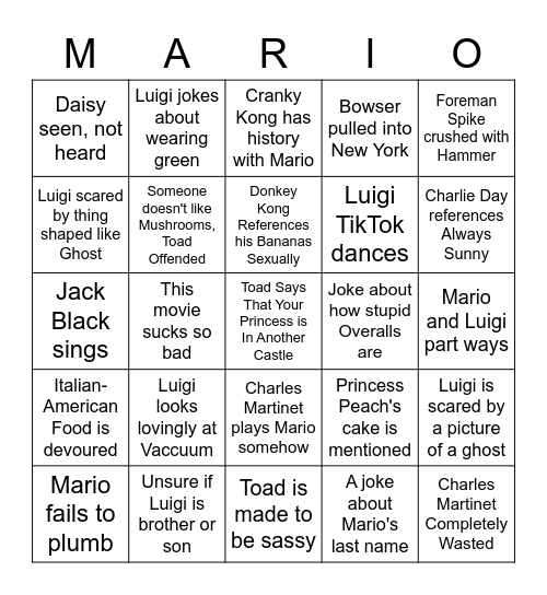 Mario Movie Bingo Card