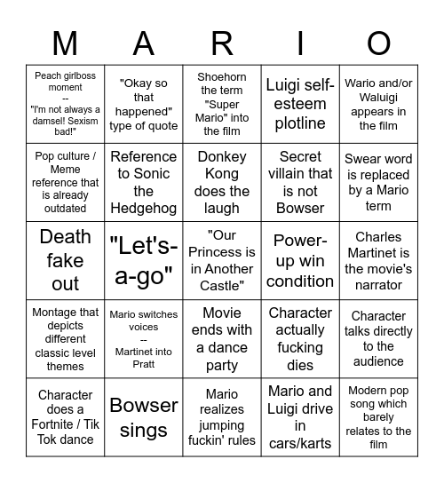 Mario Movie Predictions Bingo Card