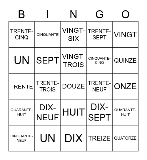 LES NOMBRES Bingo Card