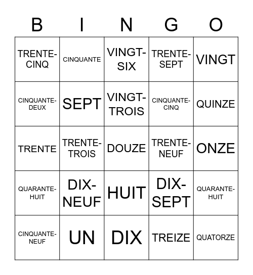 LES NOMBRES Bingo Card