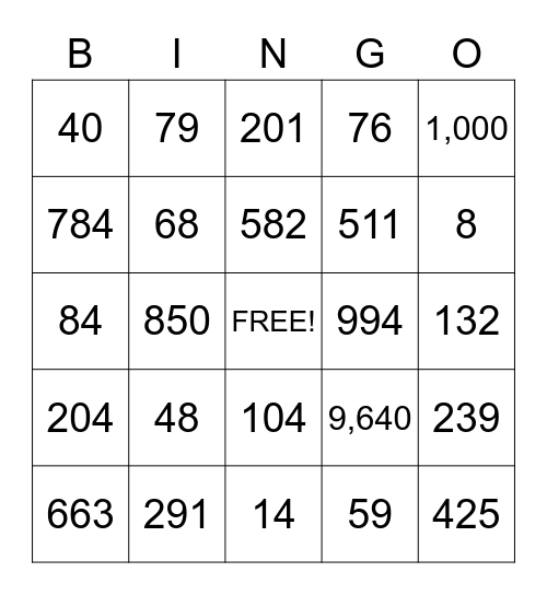 BIG Numbers Bingo Card