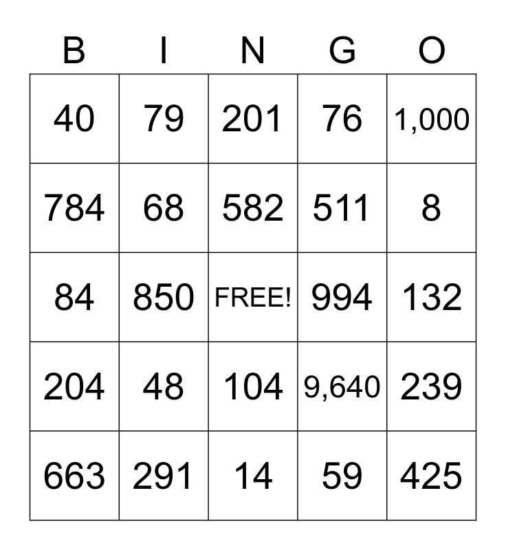 BIG Numbers Bingo Card