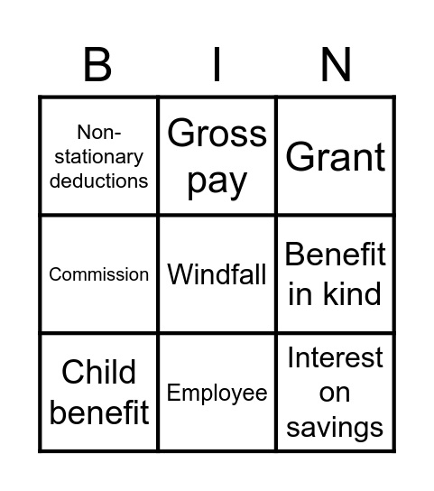 Income Bingo Card