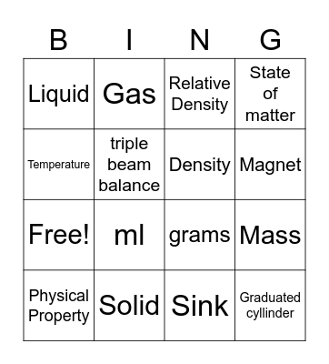 Unit 1 Science Bingo Card