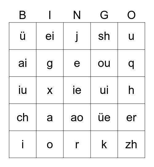 Pinyin Bingo Card