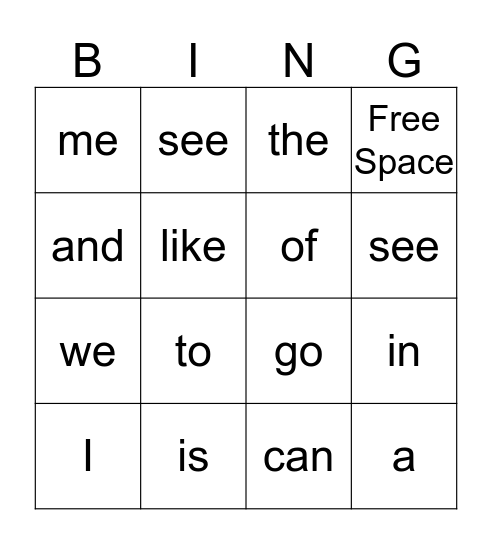 Sight Word Bingo Card