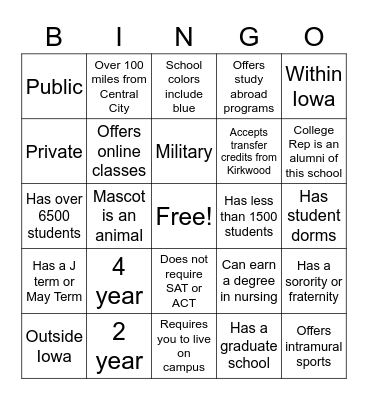 College Fair Bingo Card