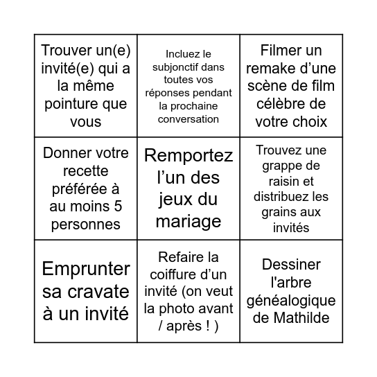 Le bingo de Mathilde & Jo Bingo Card