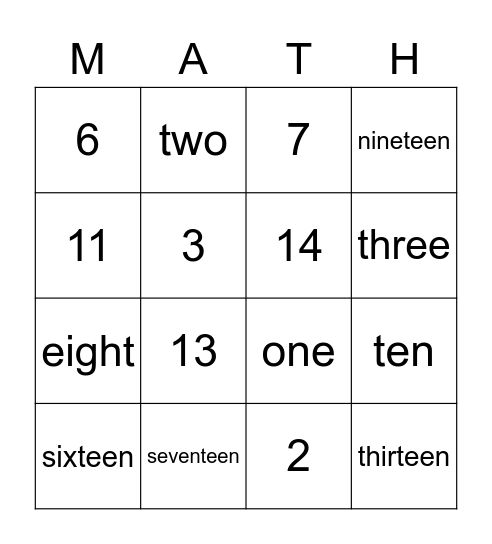 Number Sense Game Bingo Card