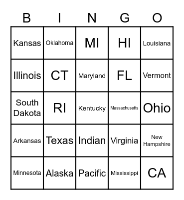 5 Oceans, 7 Continents, 50 States & Abb Bingo Card