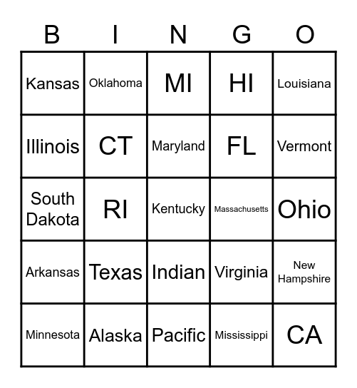 5 Oceans, 7 Continents, 50 States & Abb Bingo Card