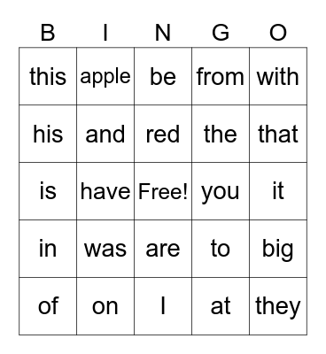 Sight Words Bingo Card