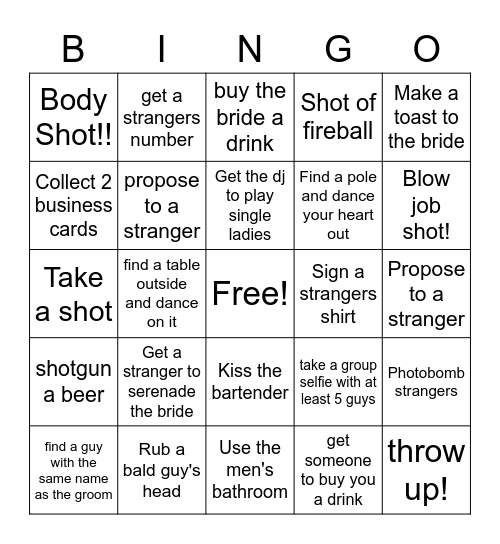 Bachelorette Party Bingo Card