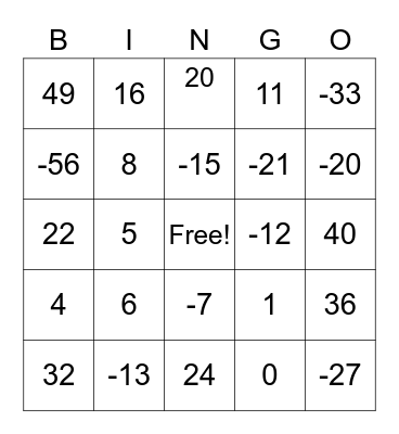 ALGEBRA BINGO Card